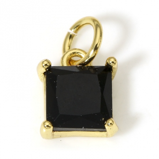 Picture of 2 PCs Brass & Glass Charms 18K Real Gold Plated Black Square 9mm x 7mm