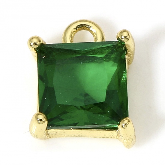 Picture of 2 PCs Brass & Glass Charms 18K Real Gold Plated Green Square 9mm x 7mm