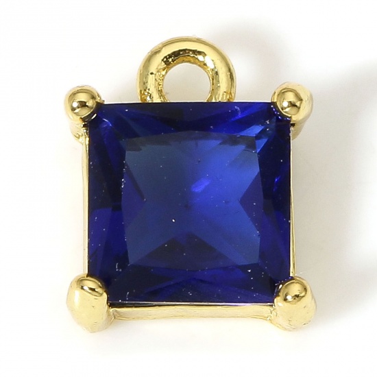 Picture of 2 PCs Brass & Glass Charms 18K Real Gold Plated Dark Blue Square 9mm x 7mm