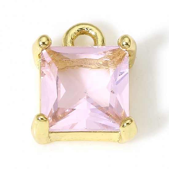 Picture of 2 PCs Brass & Glass Charms 18K Real Gold Plated Pink Square 9mm x 7mm