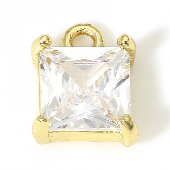 Picture of 2 PCs Brass & Glass Charms 18K Real Gold Plated Transparent Clear Square 9mm x 7mm