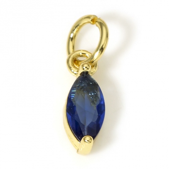 Picture of 2 PCs Brass Charms 18K Real Gold Plated Marquise Deep Blue Cubic Zirconia 11mm x 3.5mm