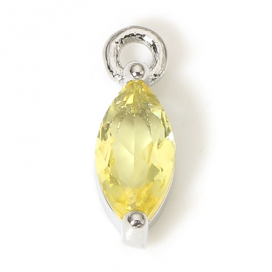 Picture of 2 PCs Brass Charms Real Platinum Plated Marquise Yellow Cubic Zirconia 11mm x 3.5mm