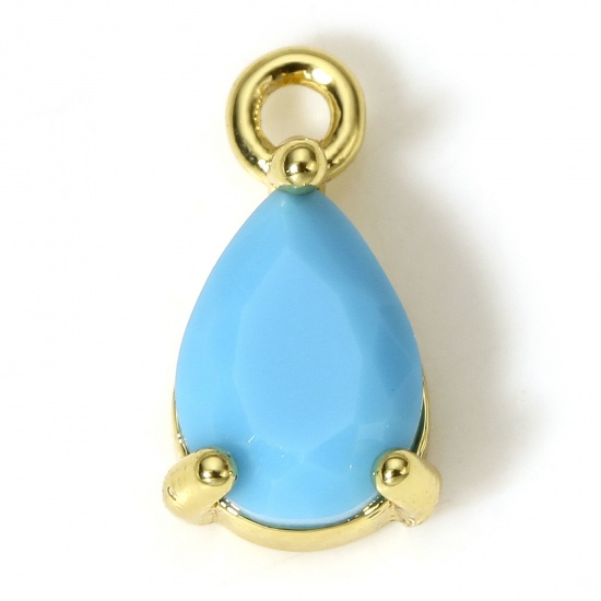Picture of 2 PCs Brass & Glass Charms 18K Real Gold Plated Blue Drop 10mm x 6mm
