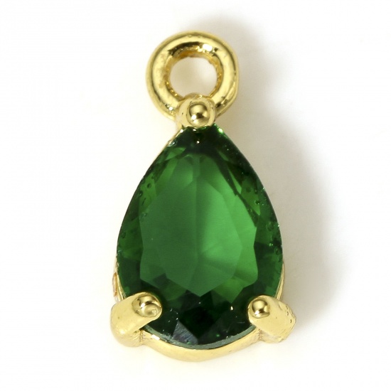 Picture of 2 PCs Brass & Glass Charms 18K Real Gold Plated Green Drop 10mm x 6mm