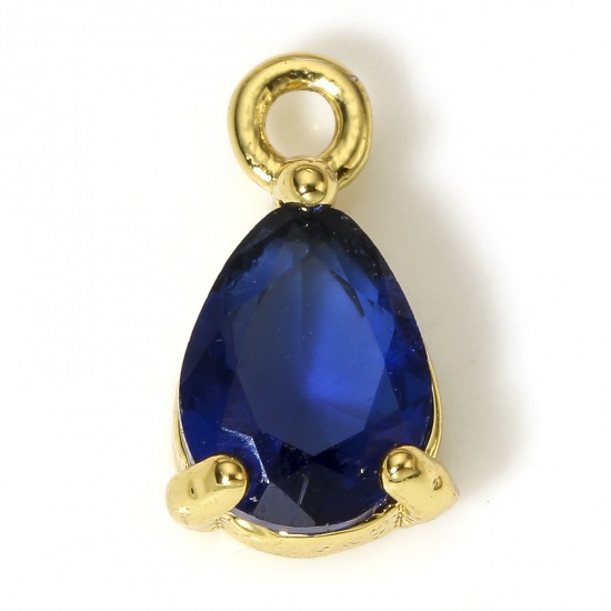 Picture of 2 PCs Brass & Glass Charms 18K Real Gold Plated Dark Blue Drop 10mm x 6mm