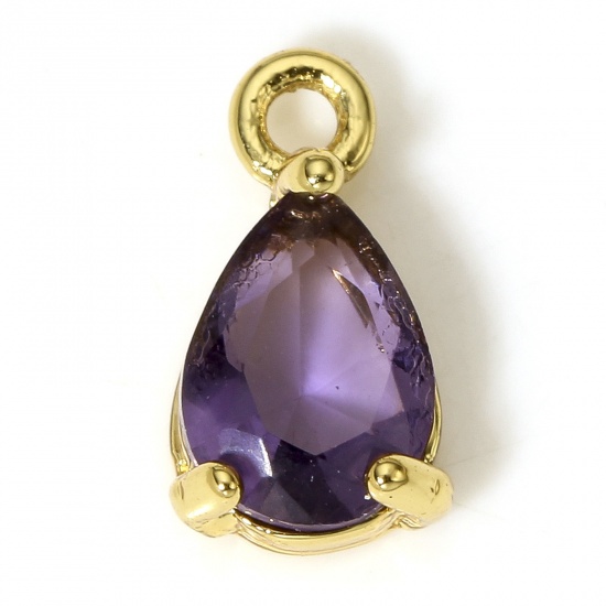Picture of 2 PCs Brass & Glass Charms 18K Real Gold Plated Purple Drop 10mm x 6mm