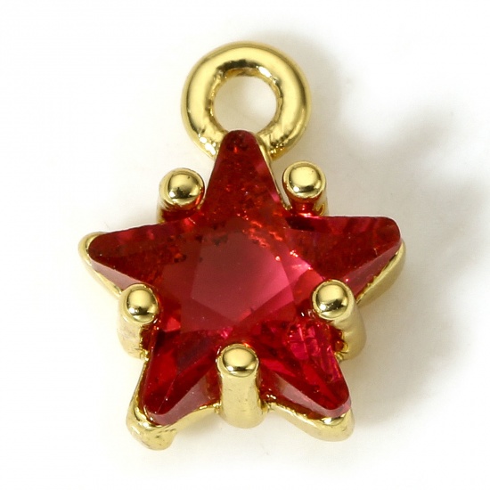 Picture of 2 PCs Brass & Glass Charms 18K Real Gold Plated Red Pentagram Star 9.5mm x 7.5mm