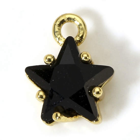 Picture of 2 PCs Brass & Glass Charms 18K Real Gold Plated Black Pentagram Star 9.5mm x 7.5mm