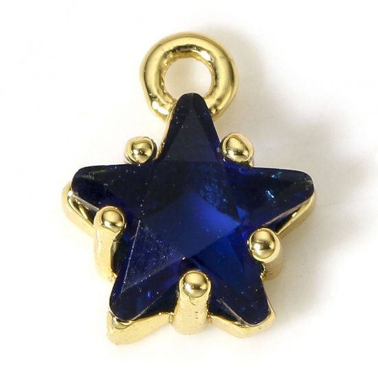 Picture of 2 PCs Brass & Glass Charms 18K Real Gold Plated Dark Blue Pentagram Star 9.5mm x 7.5mm