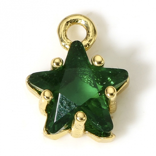 Picture of 2 PCs Brass & Glass Charms 18K Real Gold Plated Green Pentagram Star 9.5mm x 7.5mm