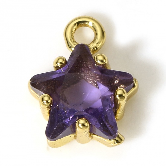 Picture of 2 PCs Brass & Glass Charms 18K Real Gold Plated Purple Pentagram Star 9.5mm x 7.5mm