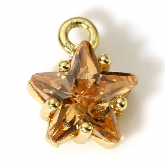 Picture of 2 PCs Brass & Glass Charms 18K Real Gold Plated Champagne Pentagram Star 9.5mm x 7.5mm