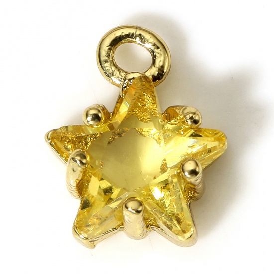 Picture of 2 PCs Brass & Glass Charms 18K Real Gold Plated Yellow Pentagram Star 9.5mm x 7.5mm