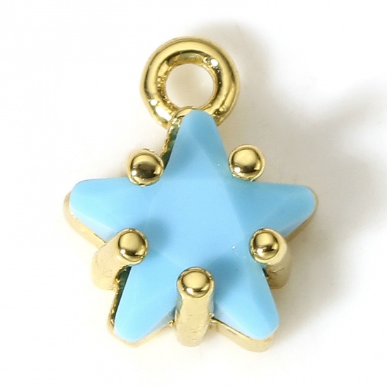 Picture of 2 PCs Brass & Glass Charms 18K Real Gold Plated Blue Pentagram Star 9.5mm x 7.5mm