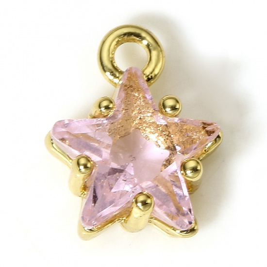 Picture of 2 PCs Brass & Glass Charms 18K Real Gold Plated Pink Pentagram Star 9.5mm x 7.5mm