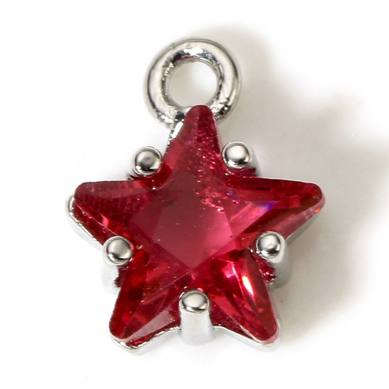 Picture of 2 PCs Brass & Glass Charms Real Platinum Plated Red Pentagram Star 9.5mm x 7.5mm
