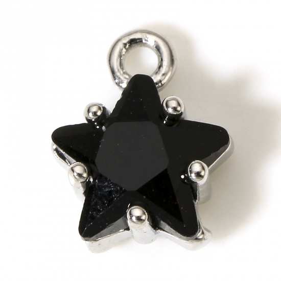 Picture of 2 PCs Brass & Glass Charms Real Platinum Plated Black Pentagram Star 9.5mm x 7.5mm