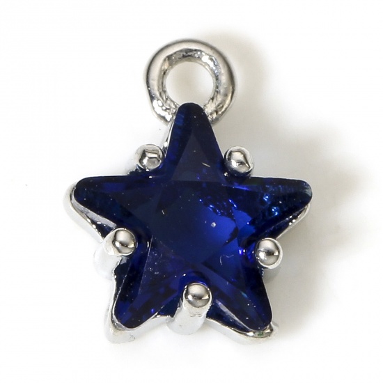 Picture of 2 PCs Brass & Glass Charms Real Platinum Plated Dark Blue Pentagram Star 9.5mm x 7.5mm