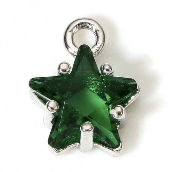 Picture of 2 PCs Brass & Glass Charms Real Platinum Plated Green Pentagram Star 9.5mm x 7.5mm