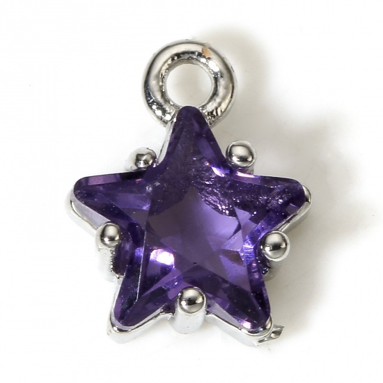 Picture of 2 PCs Brass & Glass Charms Real Platinum Plated Purple Pentagram Star 9.5mm x 7.5mm