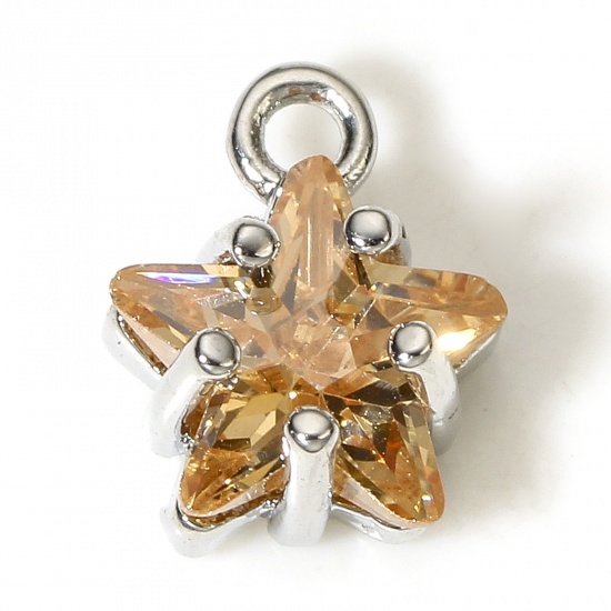 Picture of 2 PCs Brass & Glass Charms Real Platinum Plated Champagne Pentagram Star 9.5mm x 7.5mm