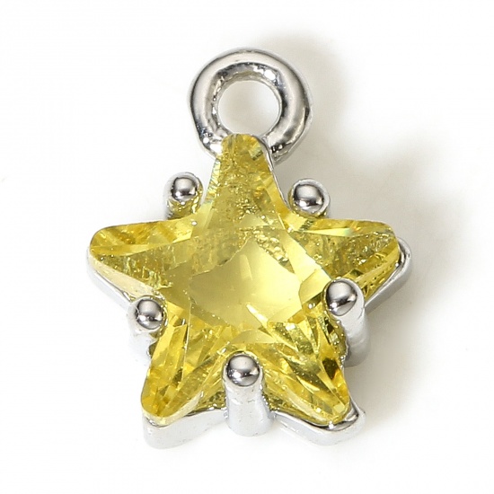Picture of 2 PCs Brass & Glass Charms Real Platinum Plated Yellow Pentagram Star 9.5mm x 7.5mm