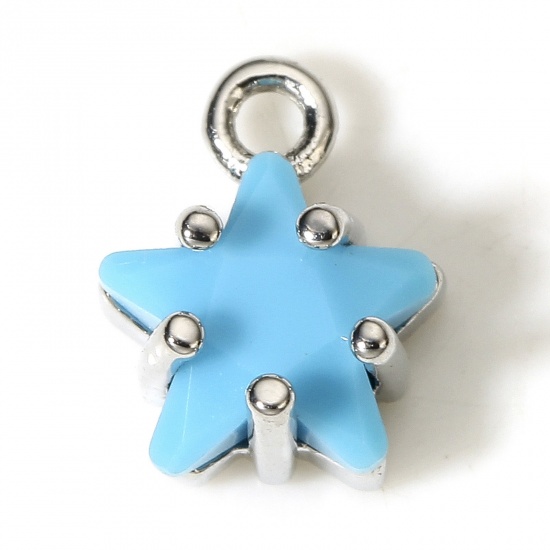 Picture of 2 PCs Brass & Glass Charms Real Platinum Plated Blue Pentagram Star 9.5mm x 7.5mm