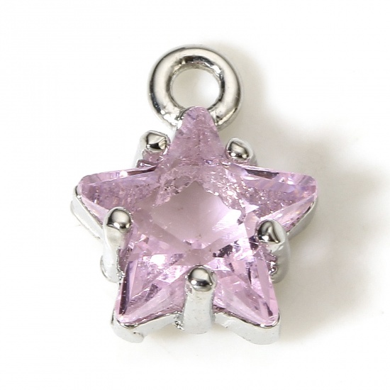 Picture of 2 PCs Brass & Glass Charms Real Platinum Plated Pink Pentagram Star 9.5mm x 7.5mm