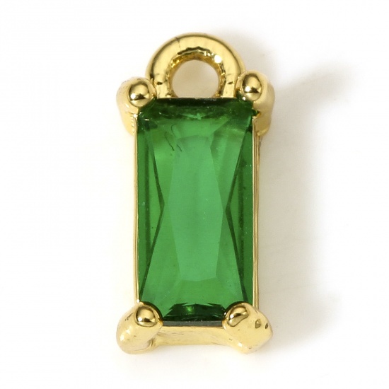 Picture of 2 PCs Brass & Glass Charms 18K Real Gold Plated Green Rectangle 10mm x 5mm