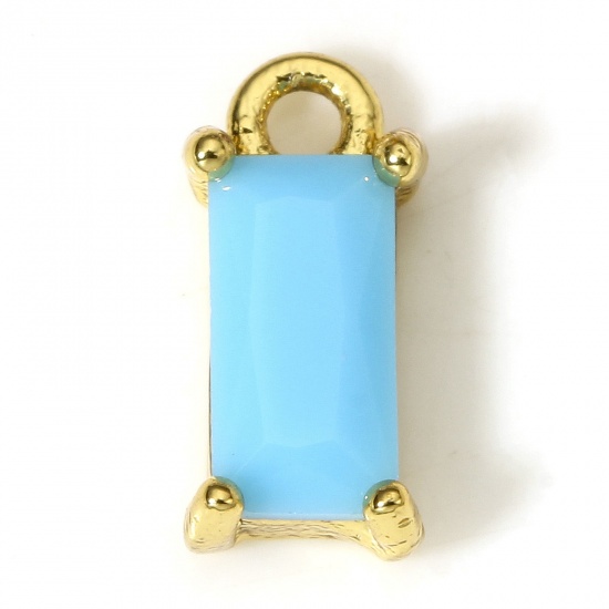 Picture of 2 PCs Brass & Glass Charms 18K Real Gold Plated Blue Rectangle 10mm x 5mm