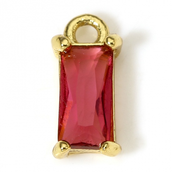 Picture of 2 PCs Brass & Glass Charms 18K Real Gold Plated Red Rectangle 10mm x 5mm
