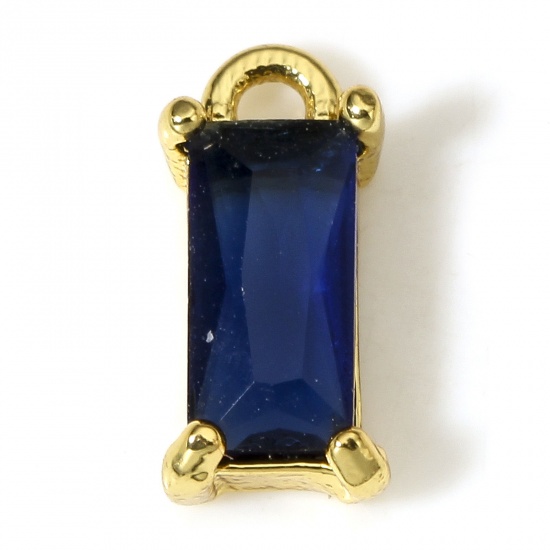 Picture of 2 PCs Brass & Glass Charms 18K Real Gold Plated Dark Blue Rectangle 10mm x 5mm
