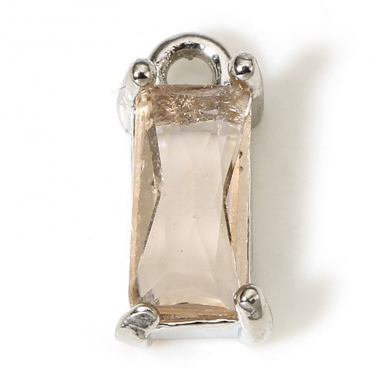 Picture of 2 PCs Brass & Glass Charms Real Platinum Plated Champagne Rectangle 10mm x 5mm