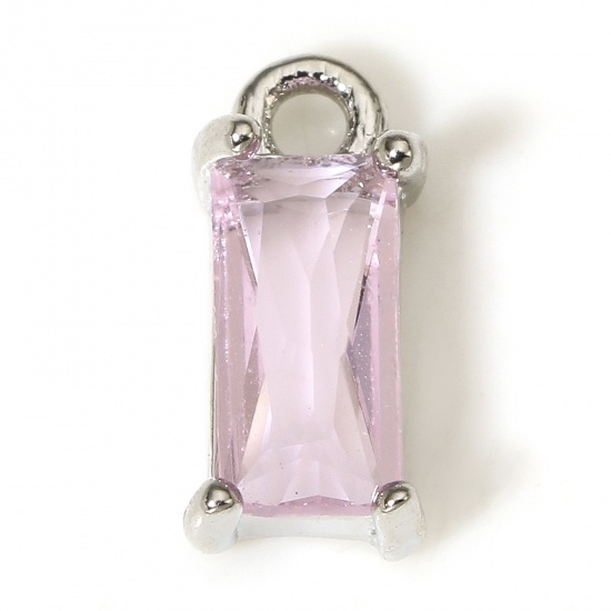 Picture of 2 PCs Brass & Glass Charms Real Platinum Plated Pink Rectangle 10mm x 5mm