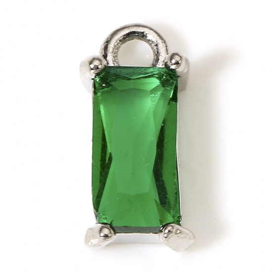 Picture of 2 PCs Brass & Glass Charms Real Platinum Plated Green Rectangle 10mm x 5mm