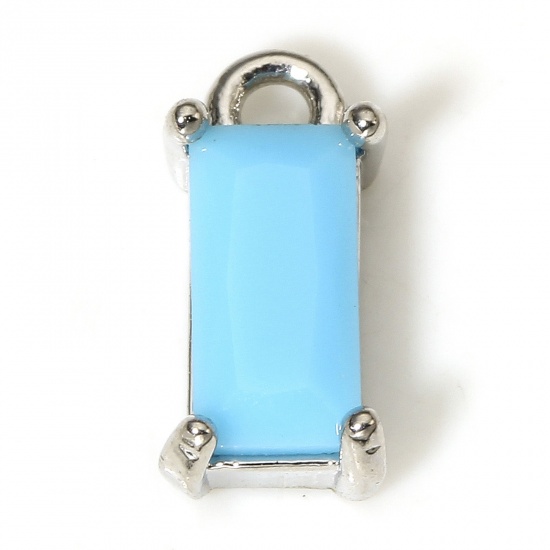 Picture of 2 PCs Brass & Glass Charms Real Platinum Plated Blue Rectangle 10mm x 5mm