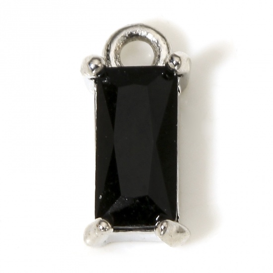 Picture of 2 PCs Brass & Glass Charms Real Platinum Plated Black Rectangle 10mm x 5mm