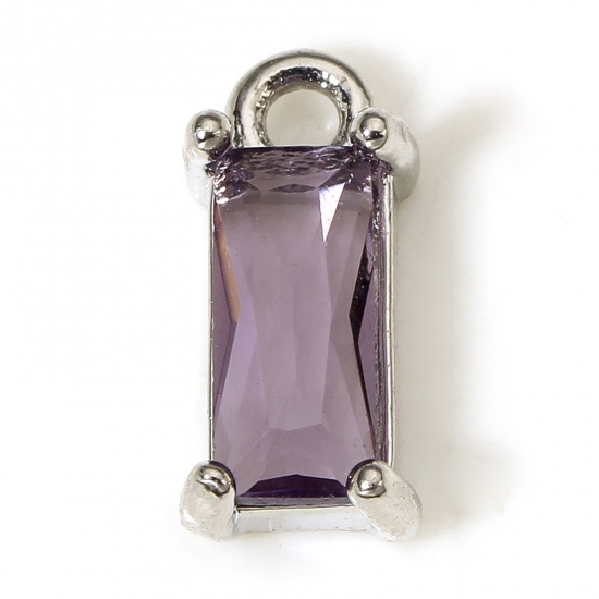 Picture of 2 PCs Brass & Glass Charms Real Platinum Plated Purple Rectangle 10mm x 5mm