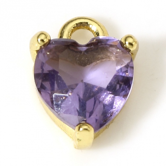 Immagine di 2 Pz Ottone & Vetro San Valentino Charms Cuore 18K Vero Oro Placcato Colore Viola 9mm x 6mm