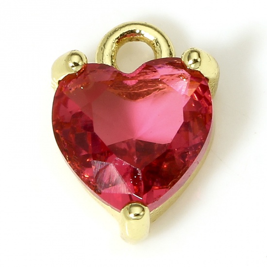 Immagine di 2 Pz Ottone & Vetro San Valentino Charms Cuore 18K Vero Oro Placcato Rosso 9mm x 6mm