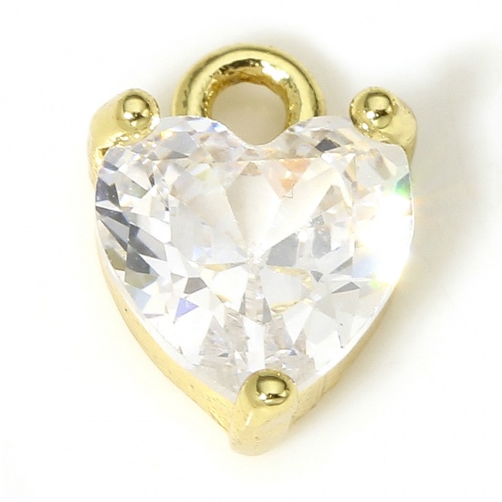 Immagine di 2 Pz Ottone & Vetro San Valentino Charms Cuore 18K Vero Oro Placcato Trasparente 9mm x 6mm