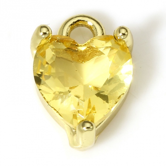 Immagine di 2 Pz Ottone & Vetro San Valentino Charms Cuore 18K Vero Oro Placcato Giallo 9mm x 6mm