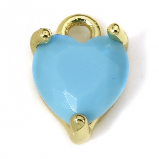 Immagine di 2 Pz Ottone & Vetro San Valentino Charms Cuore 18K Vero Oro Placcato Blu 9mm x 6mm