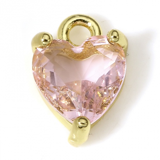 Immagine di 2 Pz Ottone & Vetro San Valentino Charms Cuore 18K Vero Oro Placcato Rosa 9mm x 6mm