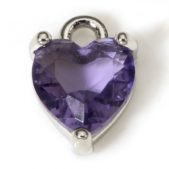 Immagine di 2 Pz Ottone & Vetro San Valentino Charms Cuore Vero Platino Placcato Colore Viola 9mm x 6mm