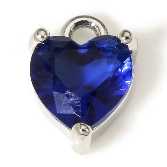 Immagine di 2 Pz Ottone & Vetro San Valentino Charms Cuore Vero Platino Placcato Blu Scuro 9mm x 6mm