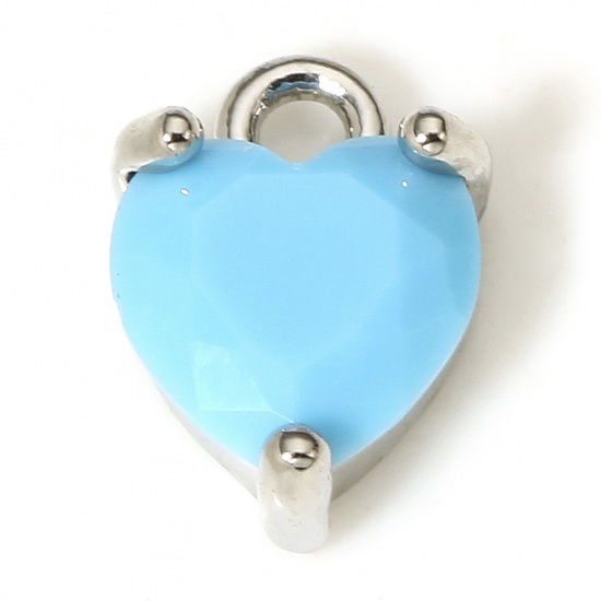 Immagine di 2 Pz Ottone & Vetro San Valentino Charms Cuore Vero Platino Placcato Blu 9mm x 6mm