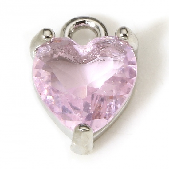 Immagine di 2 Pz Ottone & Vetro San Valentino Charms Cuore Vero Platino Placcato Rosa 9mm x 6mm