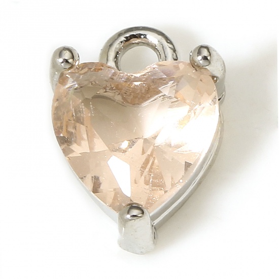 Immagine di 2 Pz Ottone & Vetro San Valentino Charms Cuore Vero Platino Placcato Champagne 9mm x 6mm